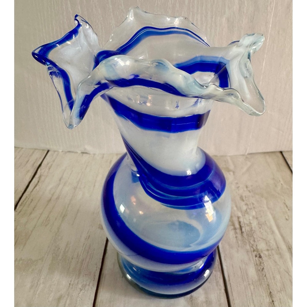 Art Glass Vase Blue White Swirl Ruffled Edge Home Decor Accent Smith's Old Timer - Picture 3 of 6
